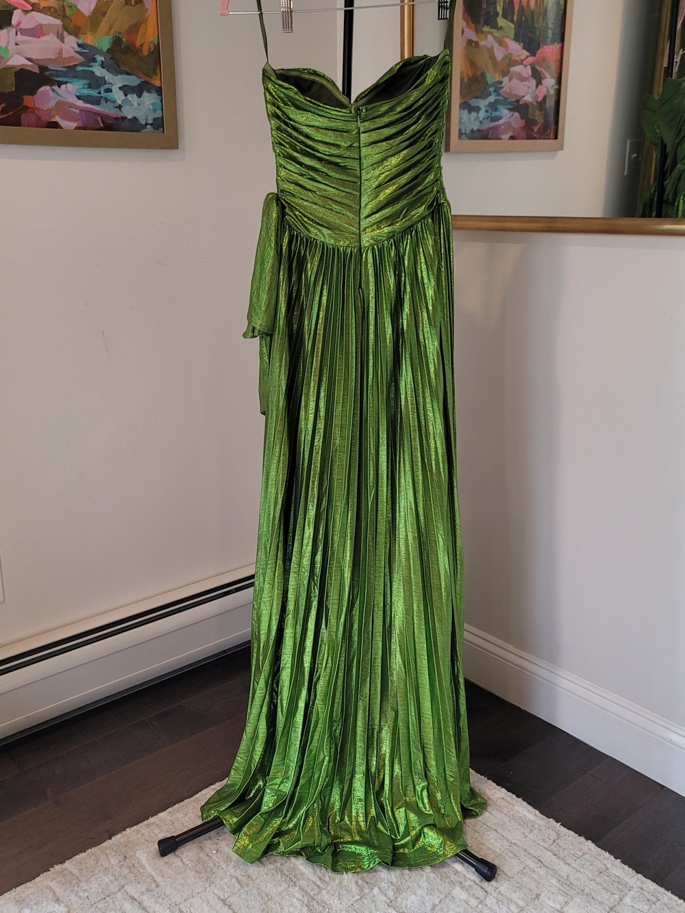 NWOT FAEREISTY Metallic Green Ruched Bodice Pleated Hem Formal Dress Size XS - Picture 6 of 12
